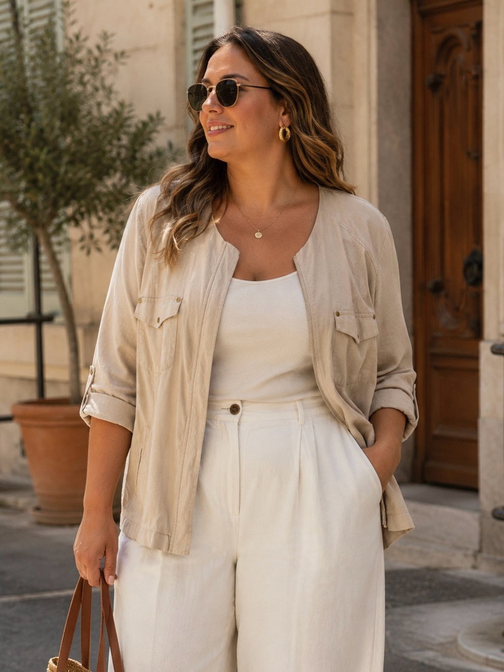Linen-Blend Beige Lightweight Button-Front Shirt Jacket
